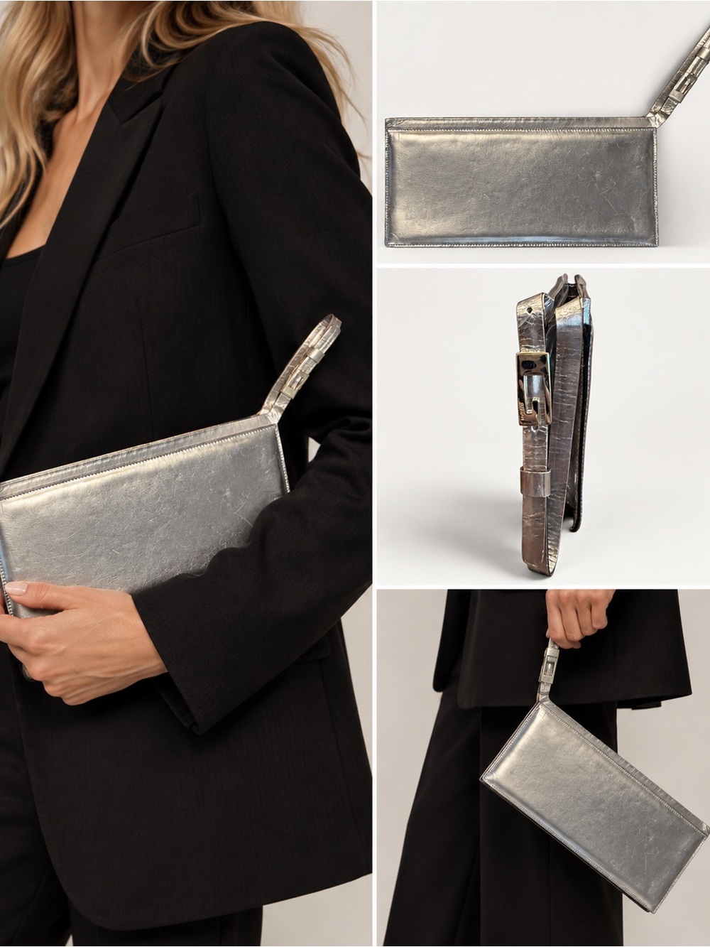 Vintage Gucci Tom Ford Metallic Silver Leather Wristlet Clutch Bag G Buckle Y2K